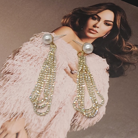 Vintage Glamourous Pearl Long Pave Set Crystal Water Drop Earrings - Picture 15 of 15